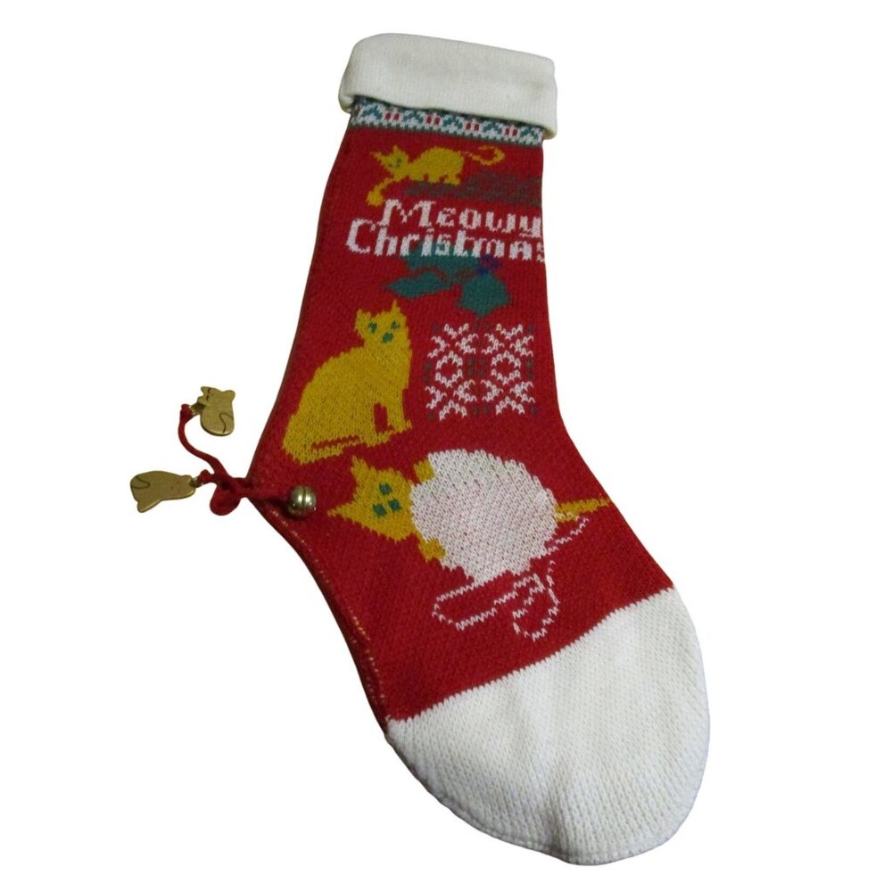 Vintage Knit Cat Christmas Stocking Meowy Christmas Bauble Accents GUC